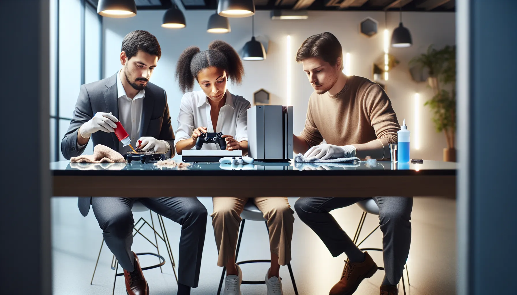 diverse team cleaning a PS4 in a modern workspace.