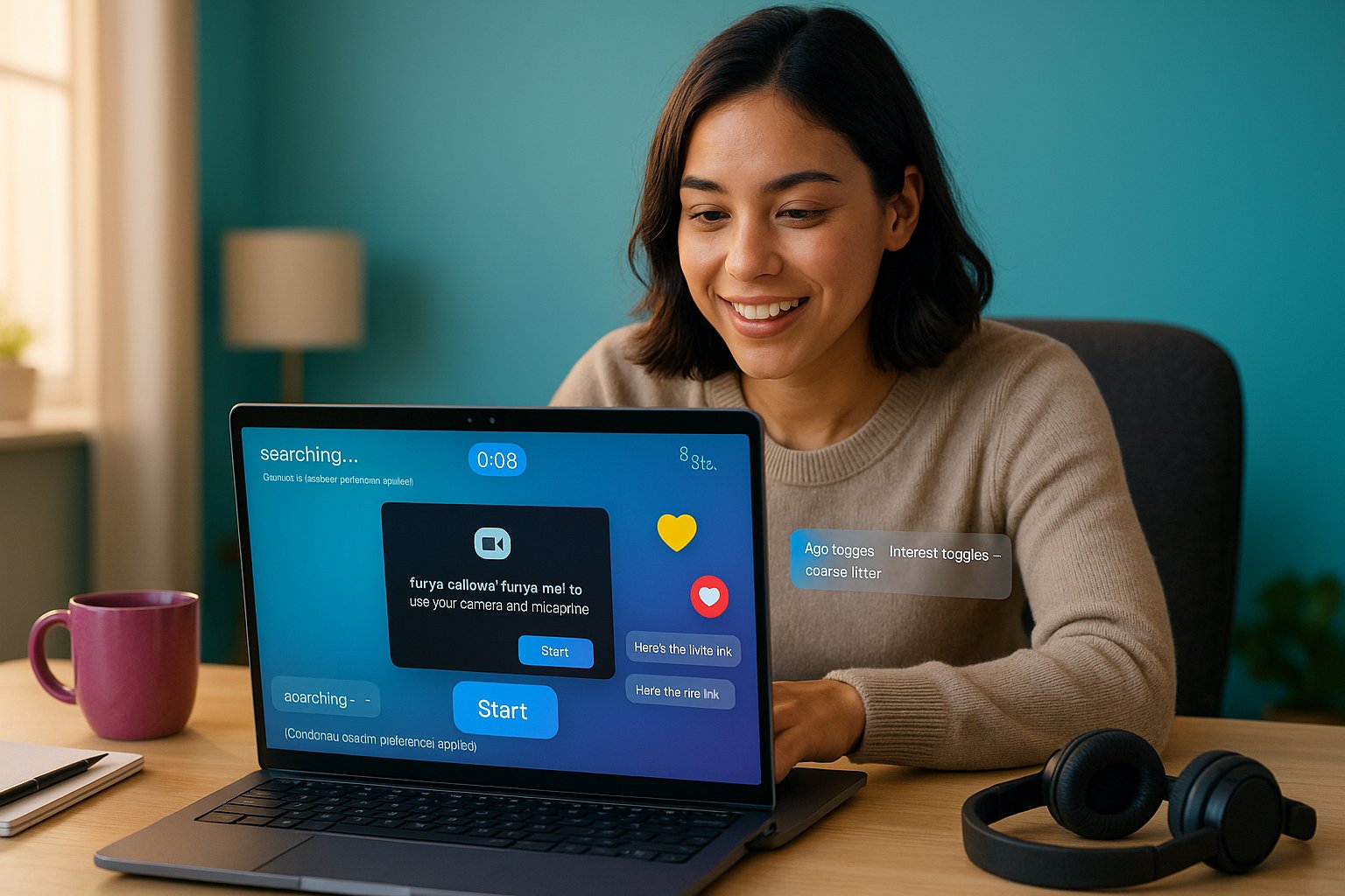 Woman starting a one‑on‑one video chat on a laptop with branded UI accents.