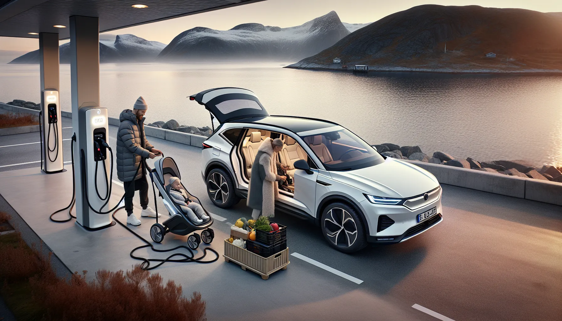 Norwegian family charging a Tesla Model Y by a fjord at sunset.