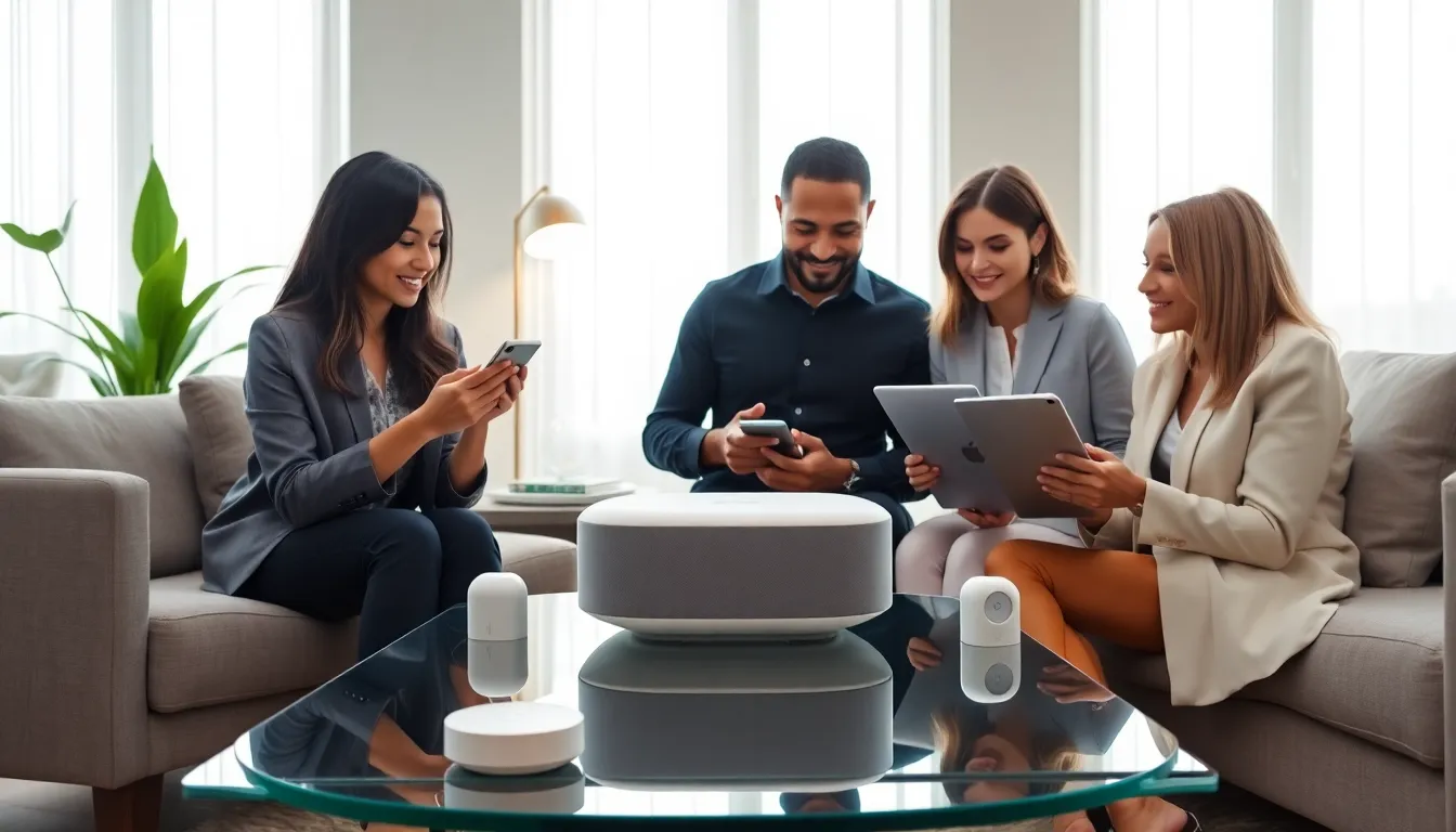 diverse team engaging with an Apple Hub in a modern living room.