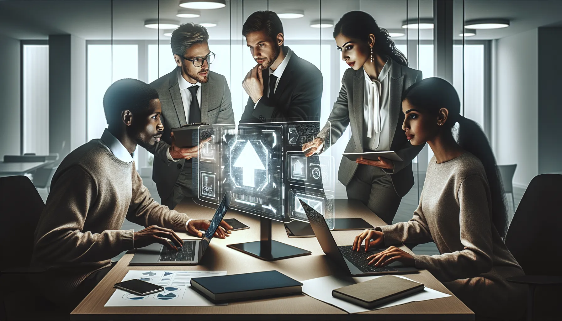 diverse IT team collaborating on a software upgrade process.