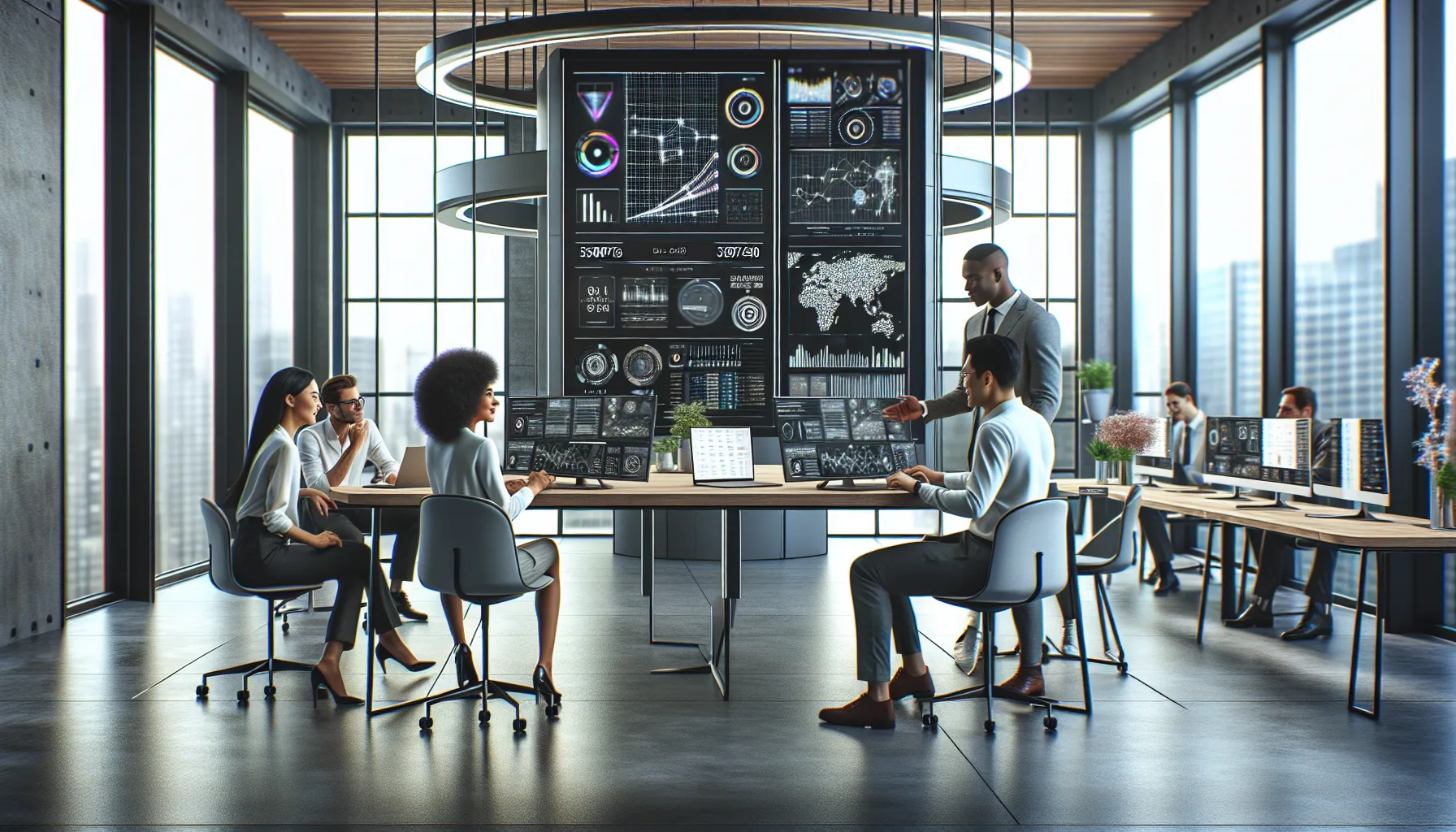 diverse team discussing technology in a modern office.