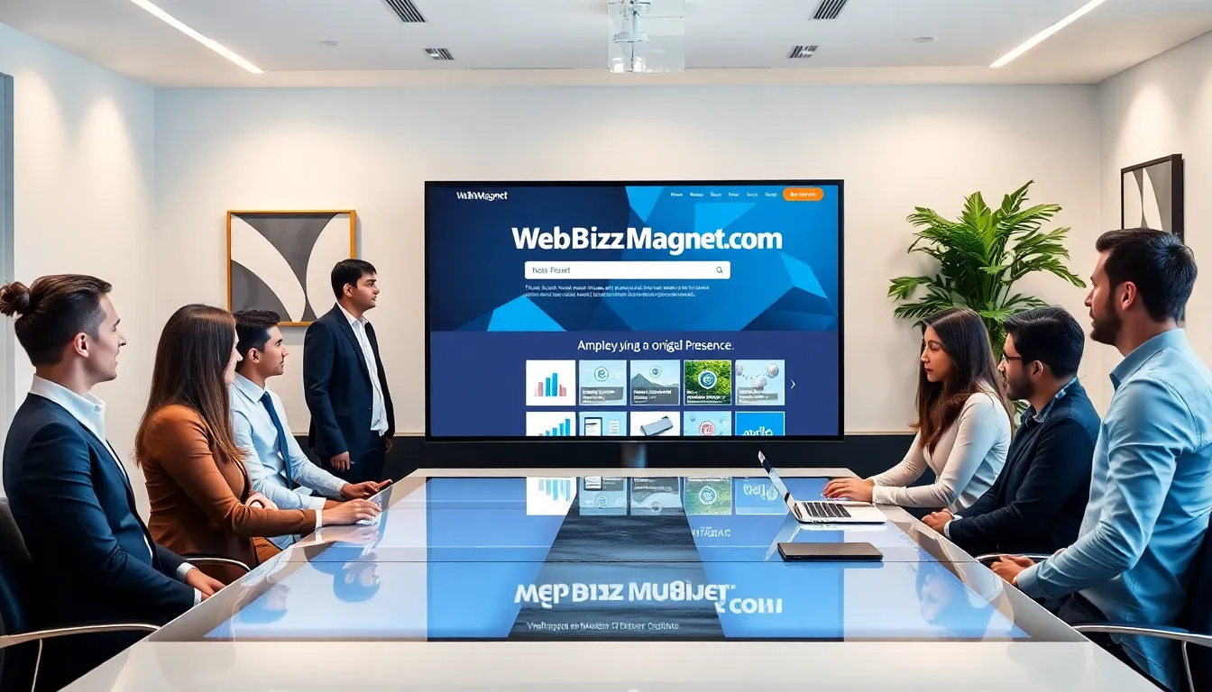diverse professionals collaborating in a modern office around a digital marketing platform.