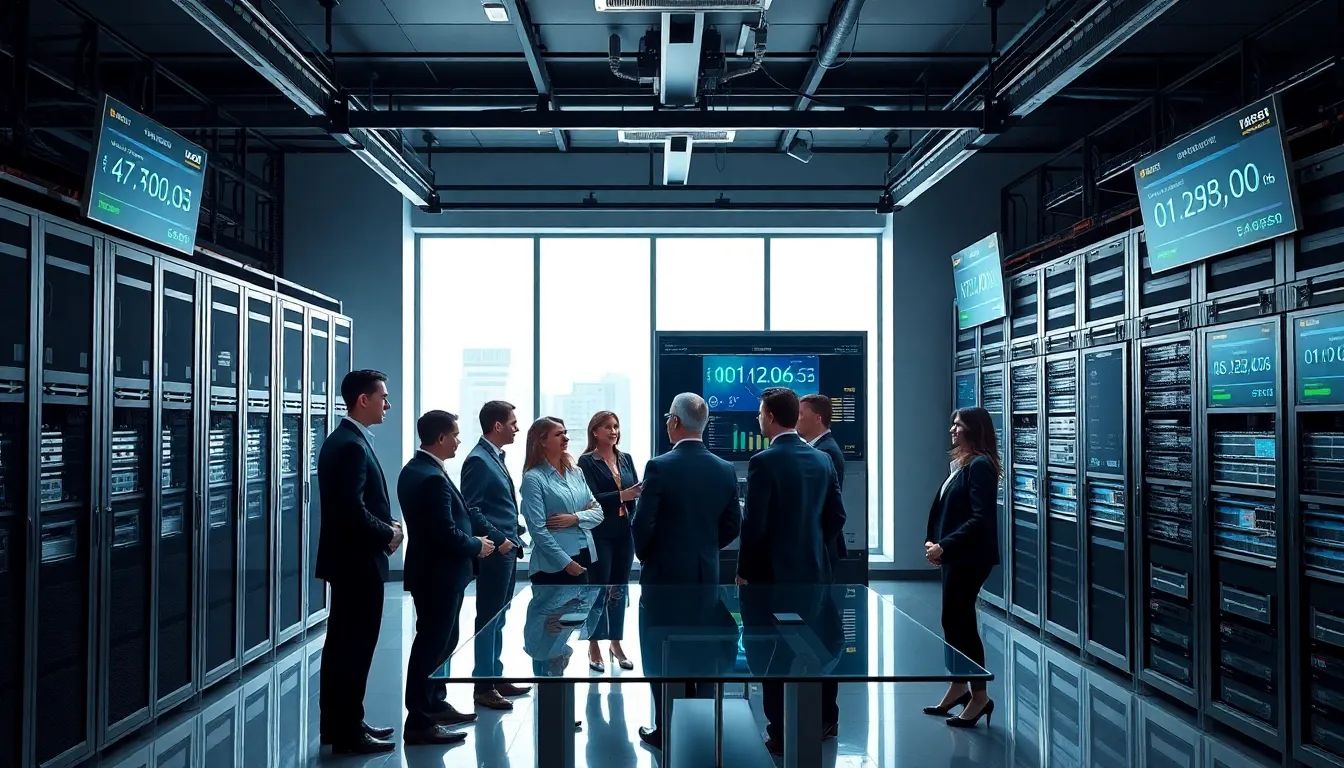 diverse team collaborating in a high-tech server room.