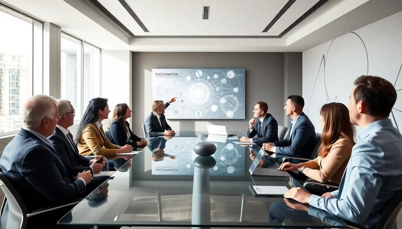 diverse professionals discussing philosophical concepts in a modern conference room.