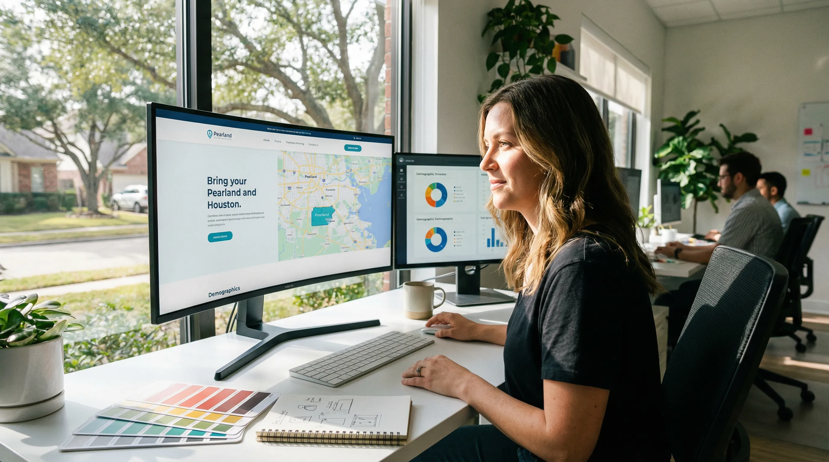 Designer reviewing a website layout on a monitor displaying a Pearland and Houston area map in a modern office.