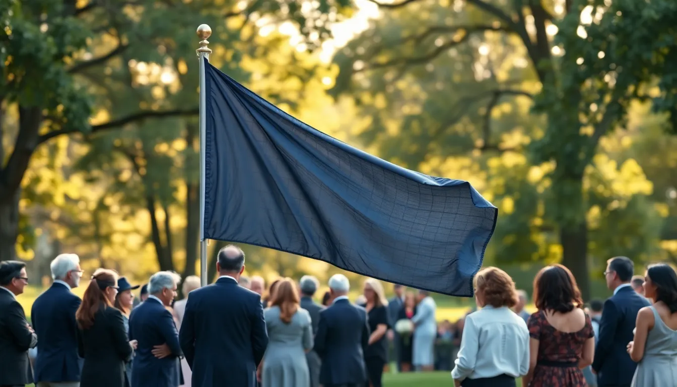 funeral flag at a memorial service with attendees.