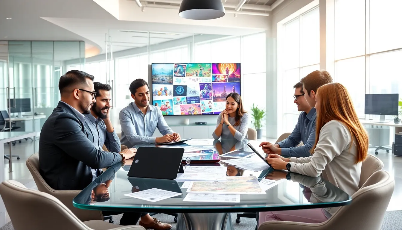 diverse team brainstorming in a modern game development office.