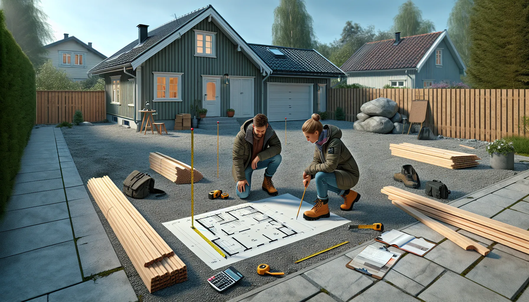 Couple measuring driveway and reviewing plans for a simple garage build.