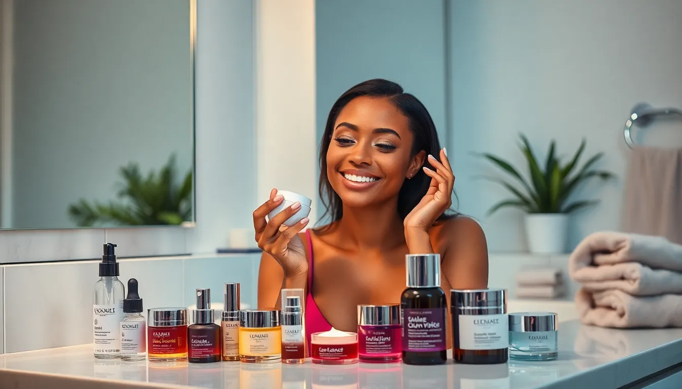 woman applying skincare products in a modern bathroom.