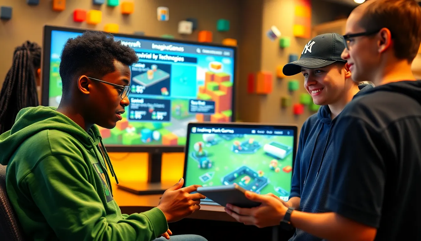 a diverse group of players engaging with the Minecraft ImagineerGames platform.