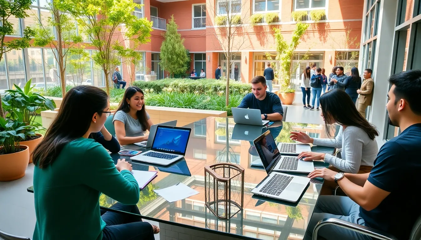 students collaborating on technology projects in a vibrant campus setting.
