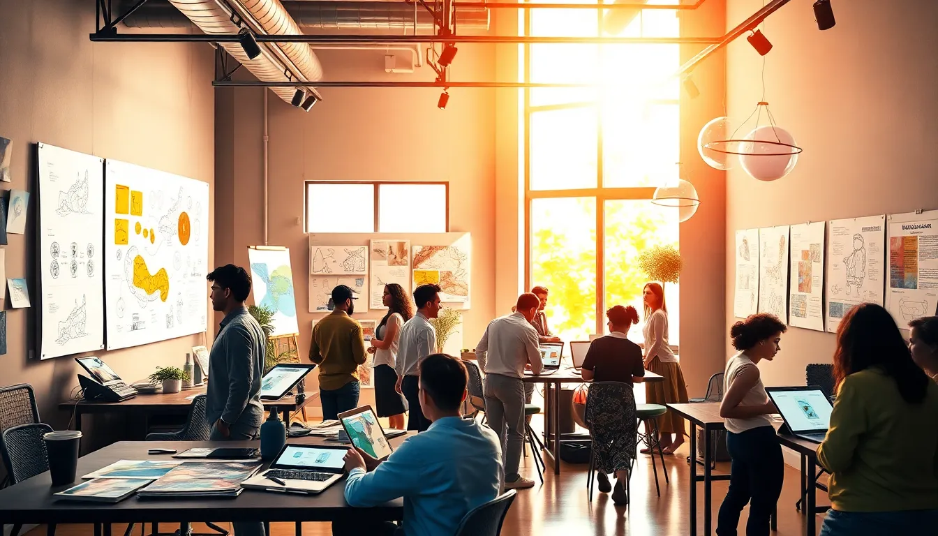 diverse digital artists collaborating in a modern art studio.