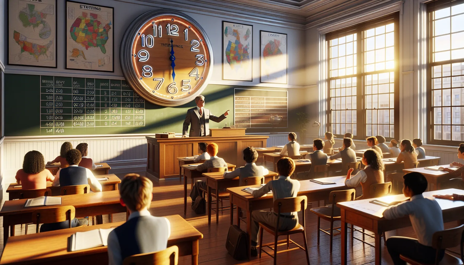 a teacher explaining a 24-hour clock system in a bright classroom.