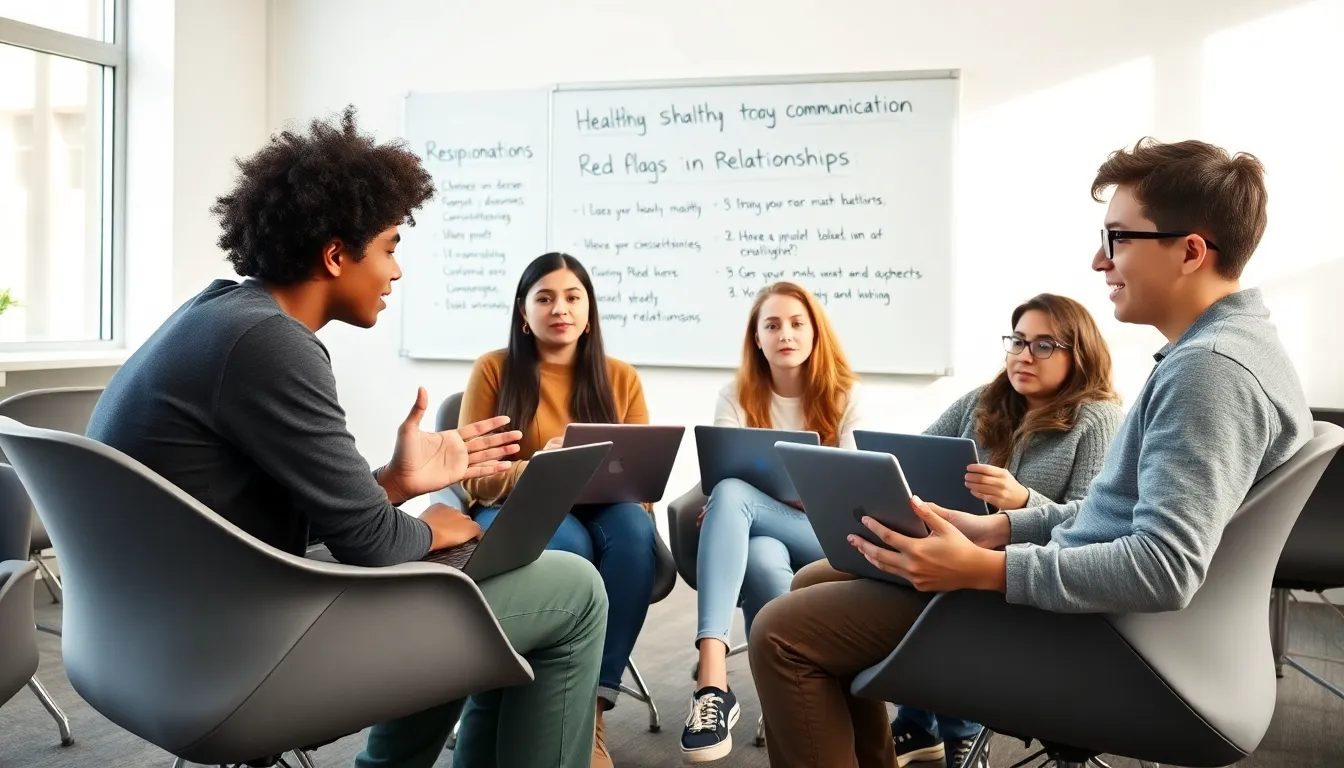 diverse teens discussing healthy communication in a classroom.