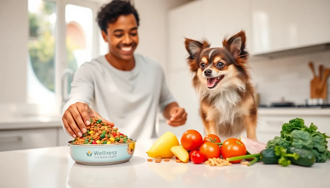 small dog in a modern kitchen with nutritious pet food ingredients.