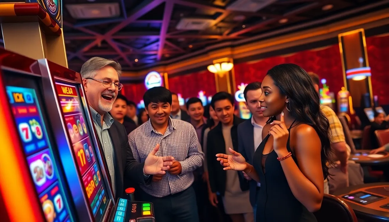 excited casino players gathered around a slot machine with a large jackpot.