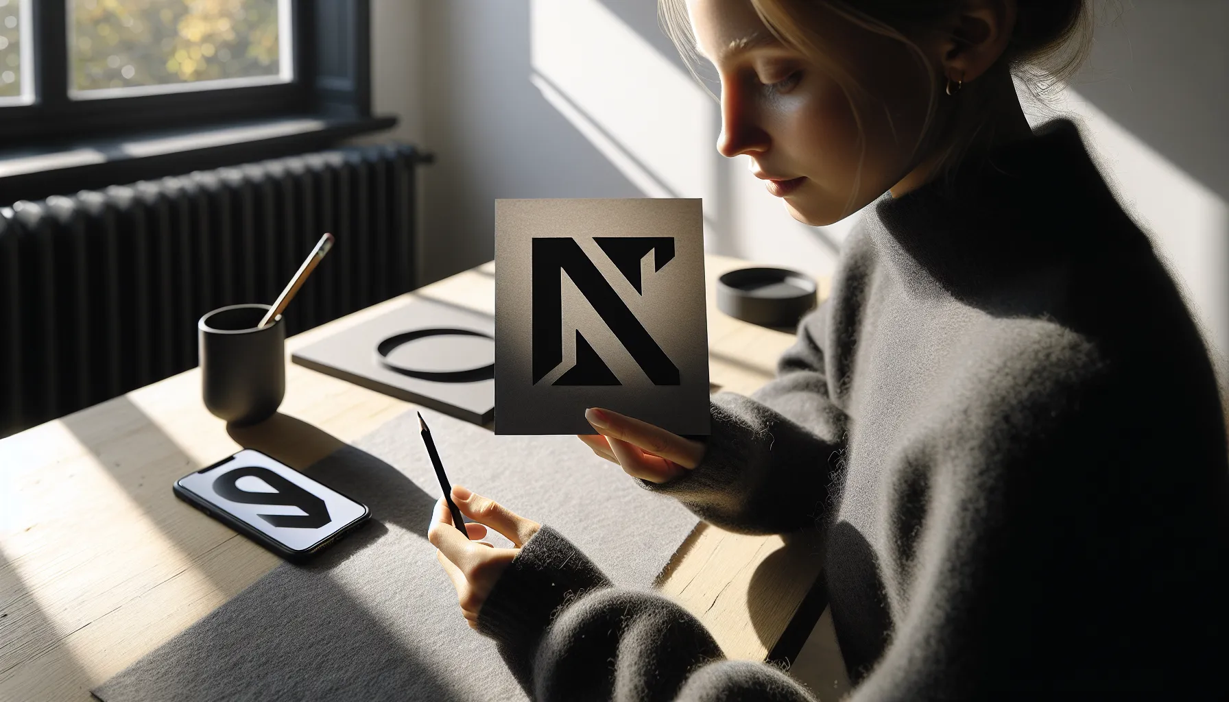 Designer holds logo card showing a negative-space arrow inside a bold n.