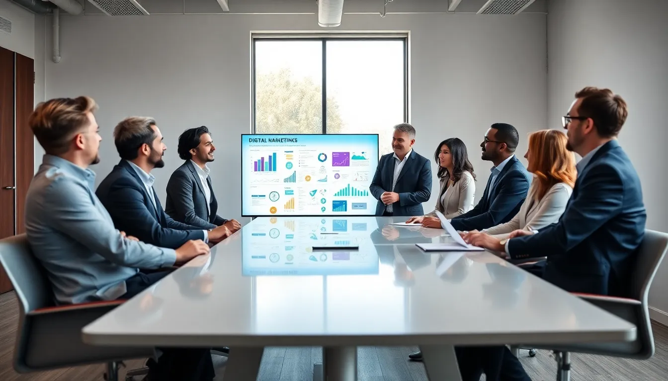 professionals discussing digital marketing strategies in a modern office.