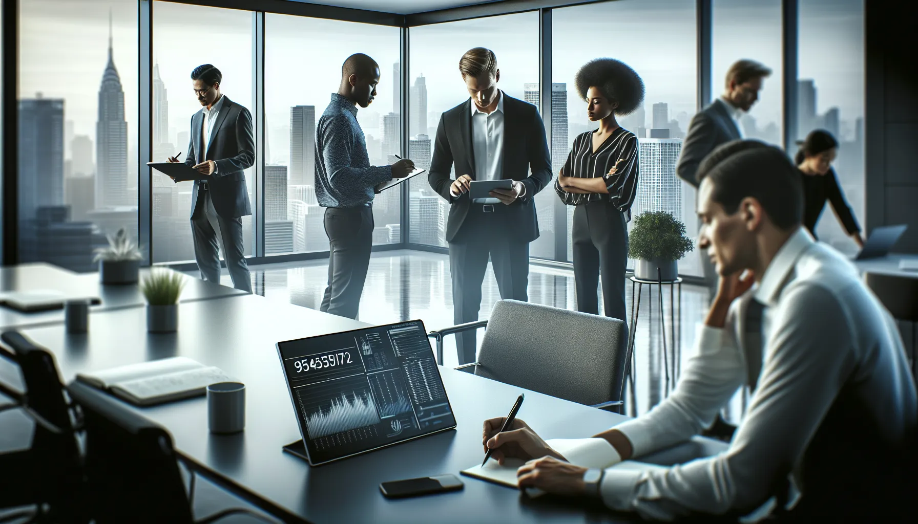 professionals discussing a number in a modern office setting.