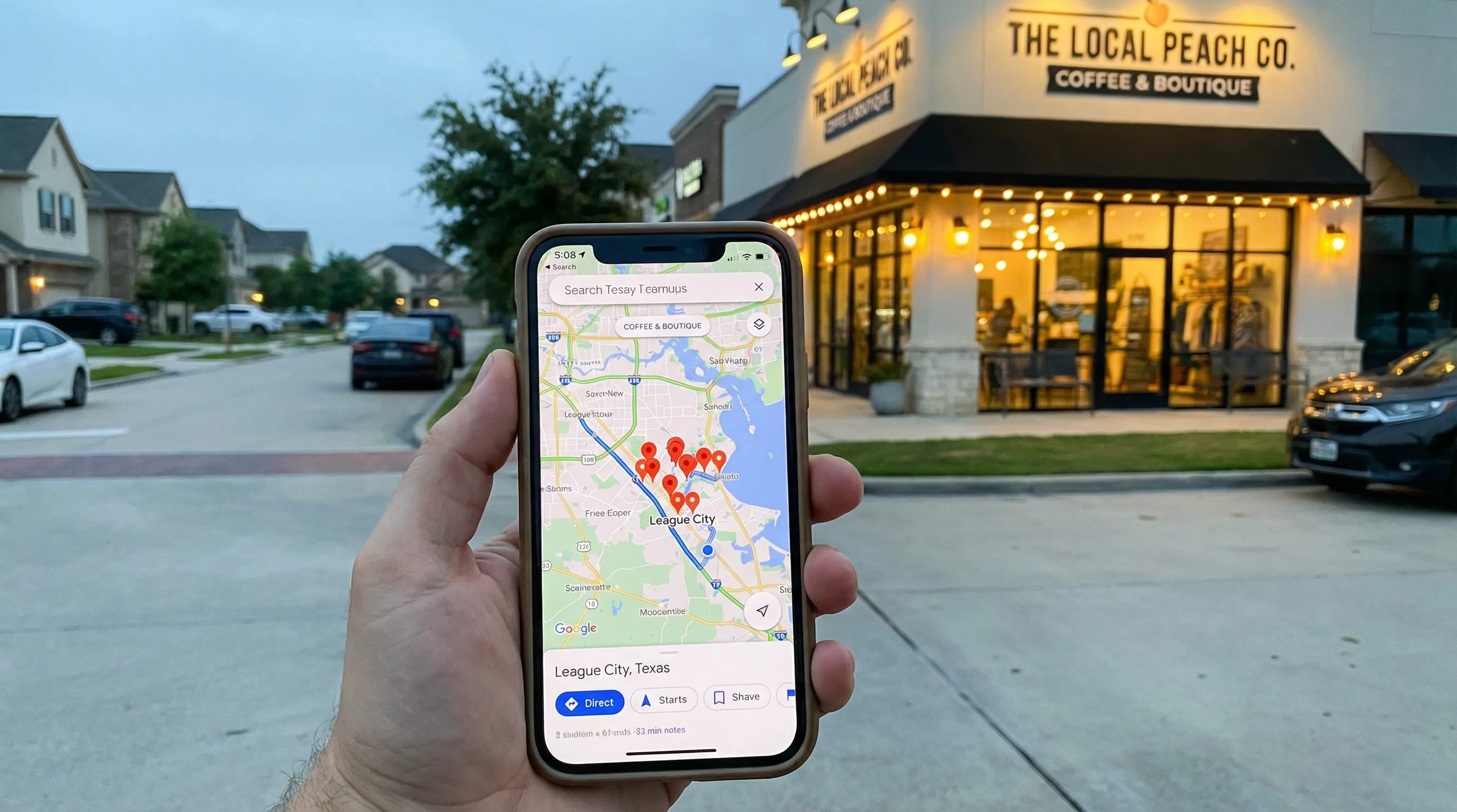 Person holding a phone displaying a map of League City with nearby business pins while a well-lit local storefront appears in the background.