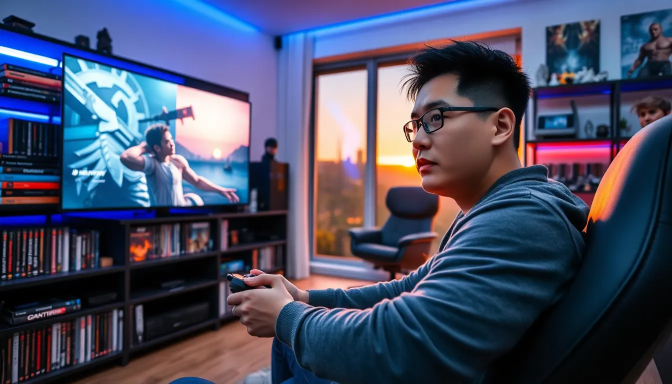 A gamer playing PlayStation 5 in a stylish room with gaming memorabilia.