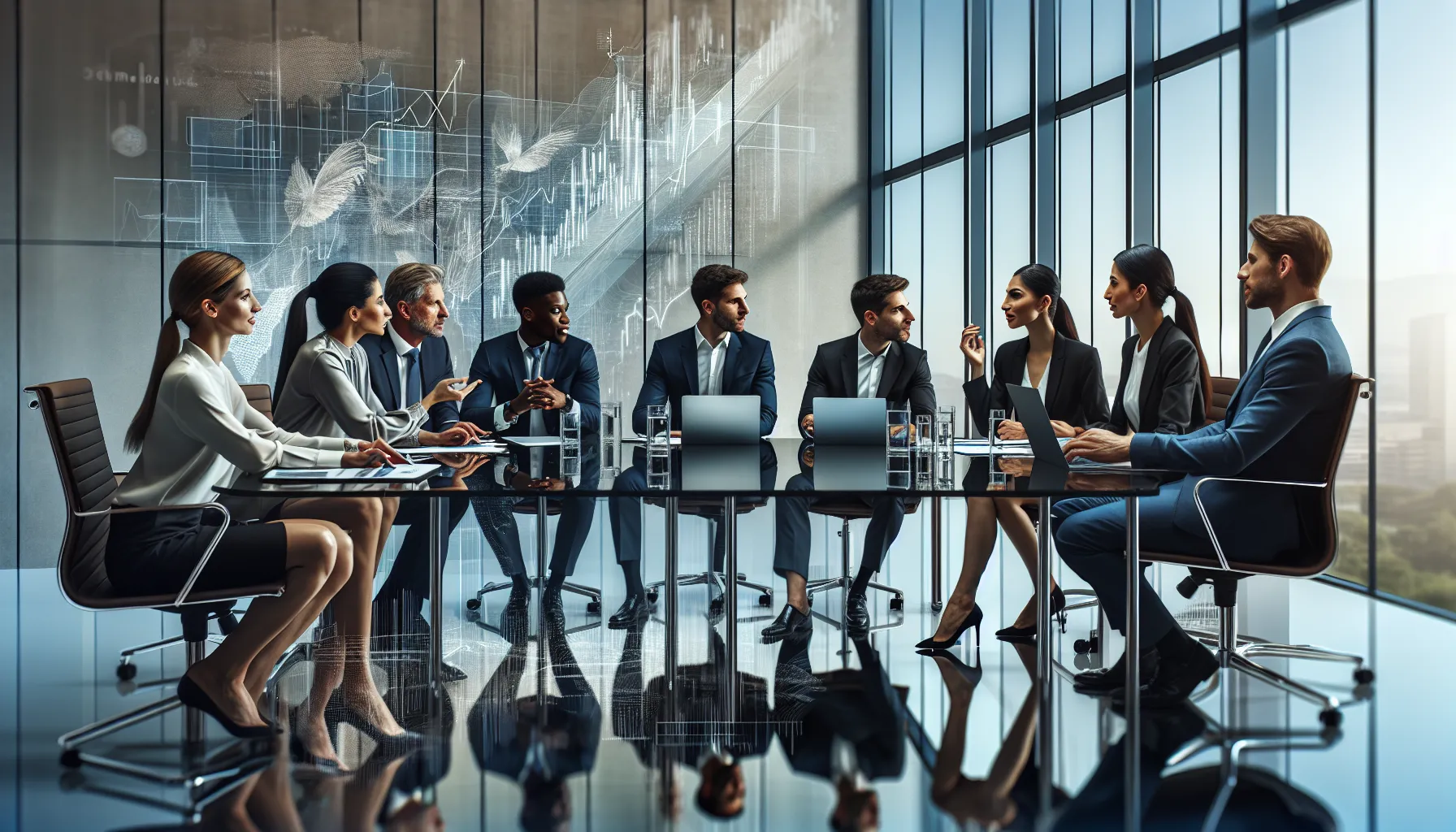 financial analysts discussing investment strategies in a modern office.