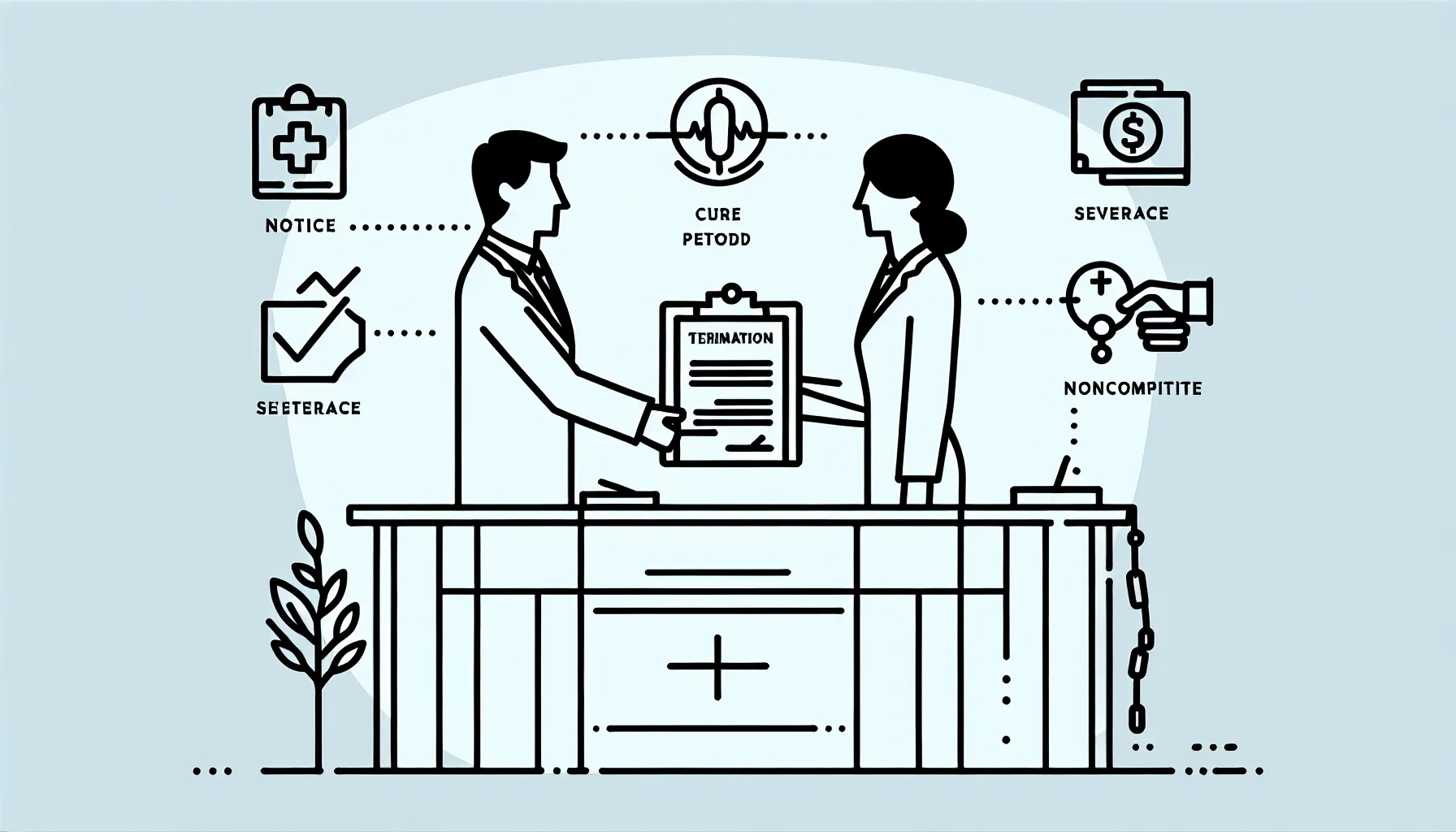 Physician handing a termination folder to an administrator with contract icons.