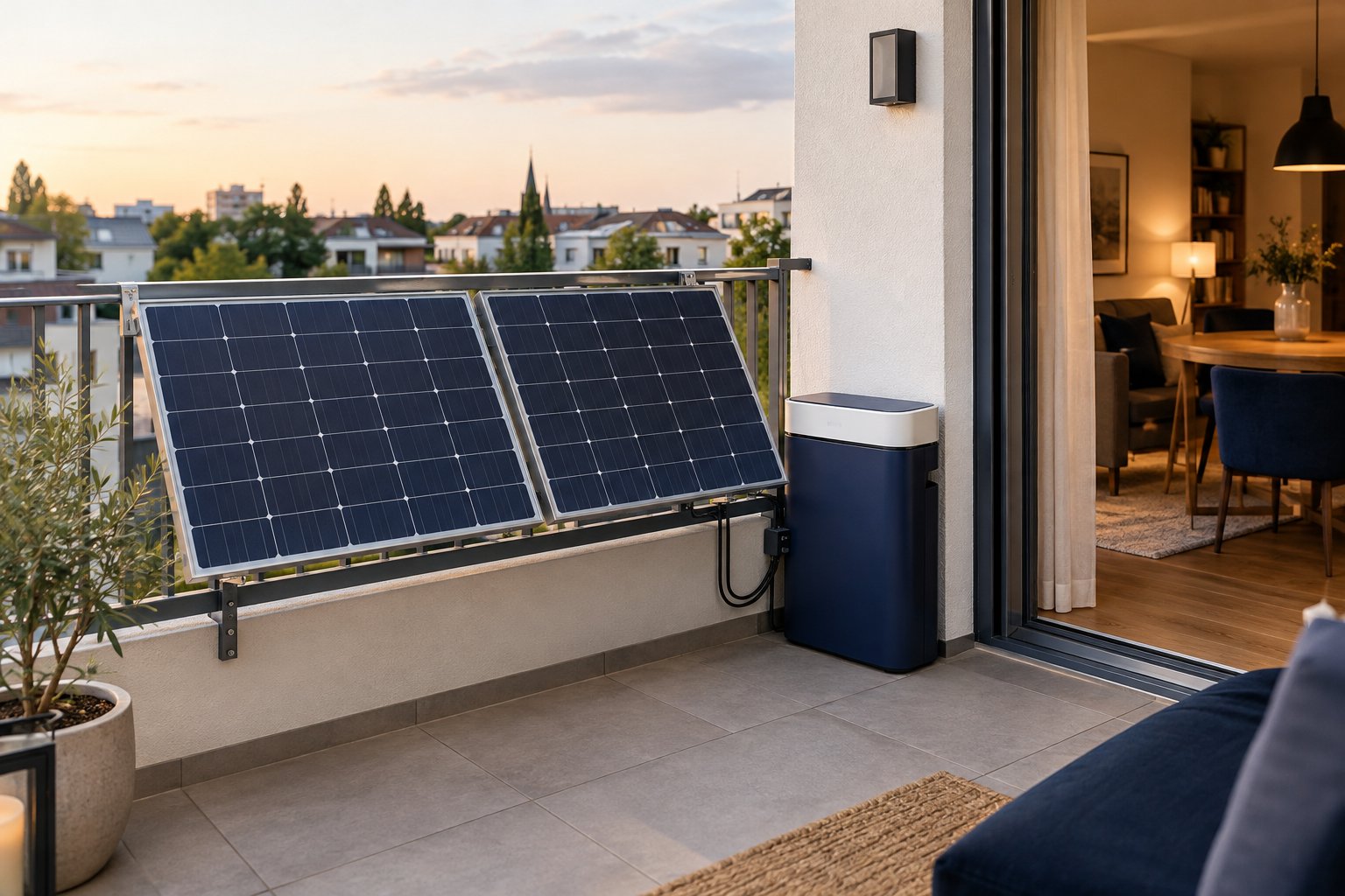 Balkonkraftwerk mit Solarmodulen und kompaktem Batteriespeicher auf einem Wohnungsbalkon