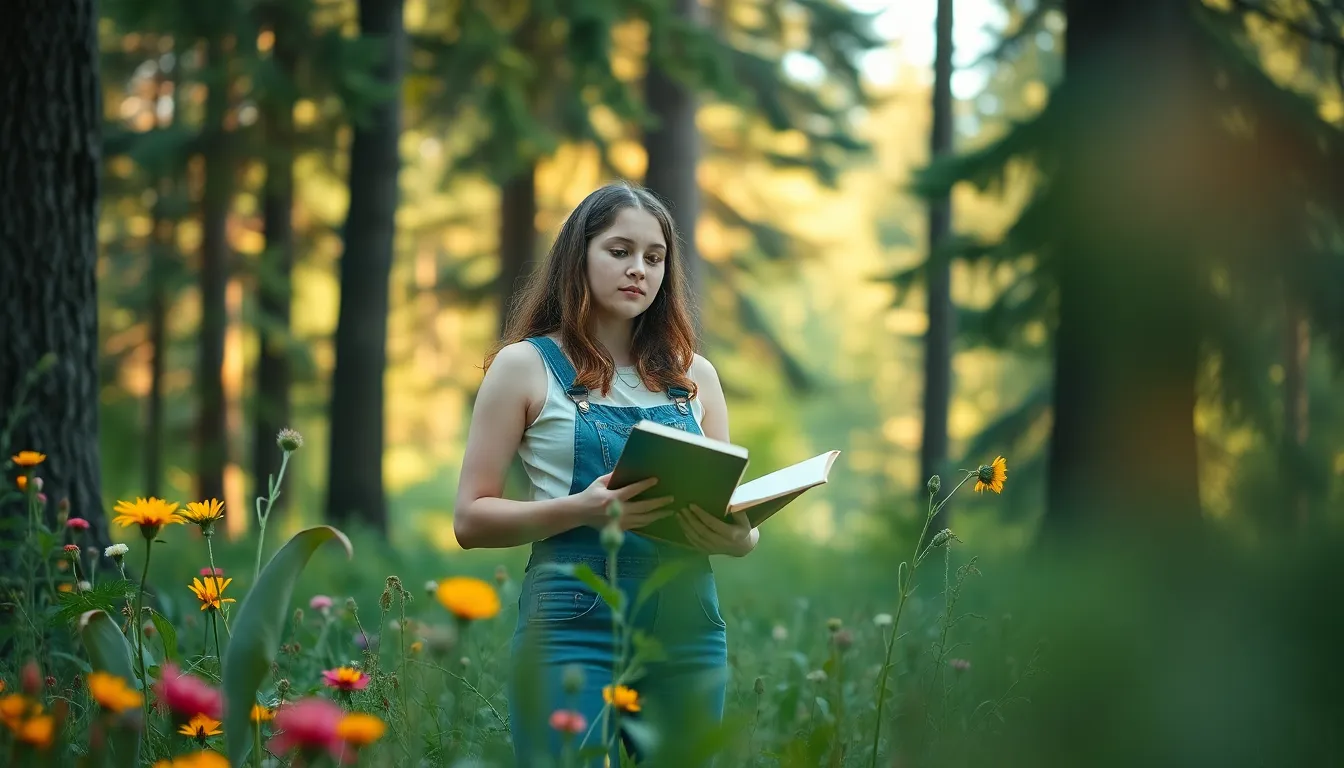 Artist in nature, sketching ideas surrounded by wildflowers.