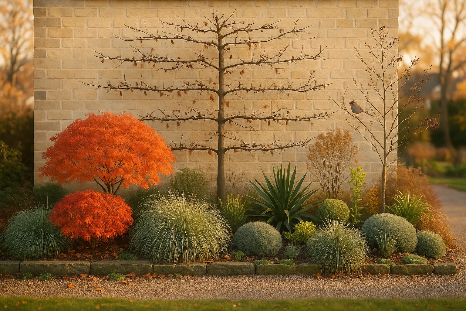 Hornbeam espalier, dwarf maple, serviceberry, and clipped grasses in autumn garden.