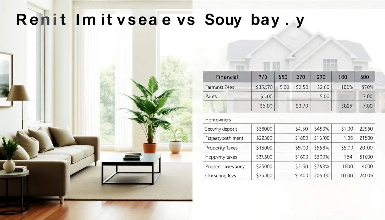 Illustration contrasting renting and buying homes with financial details.