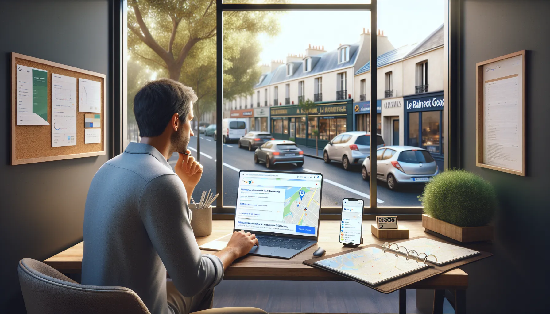 Local business owner in Le Raincy checking Google and Google Maps visibility on devices.