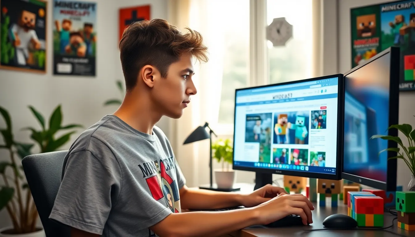 A gamer at a computer desk immersed in Minecraft content on Redwebzine.