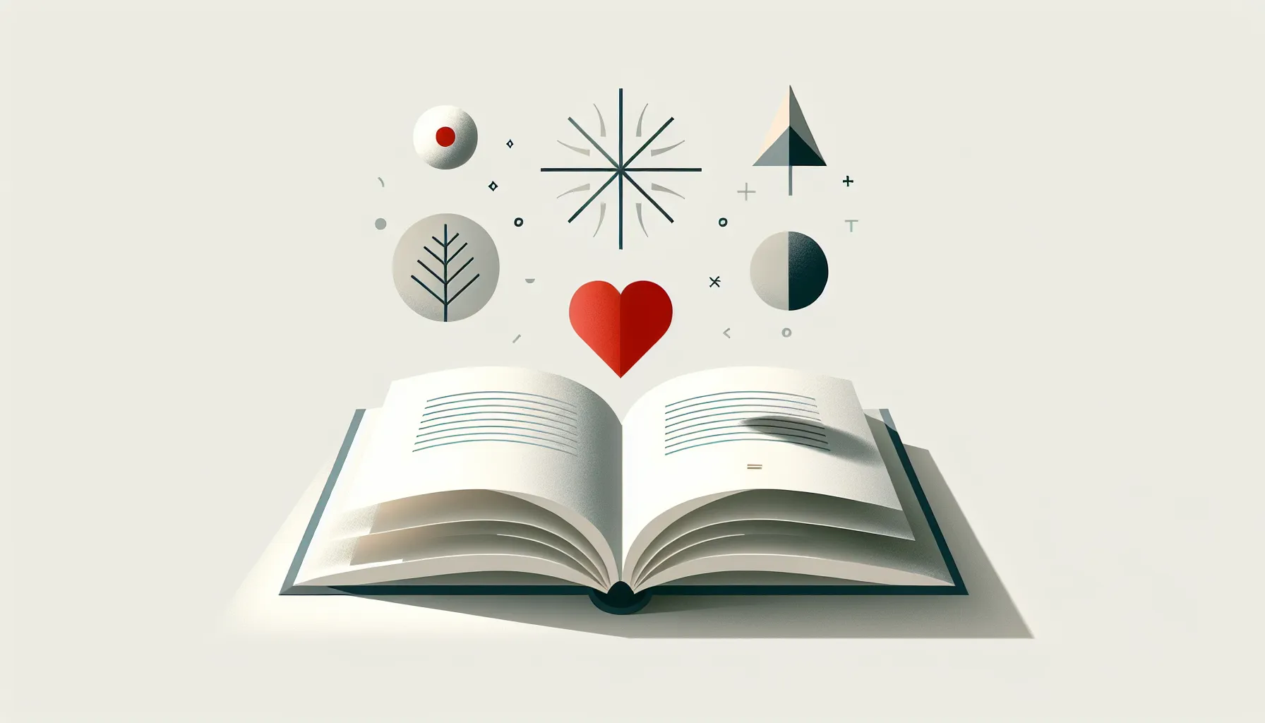 Open book with floating symbols representing literary themes and ideas