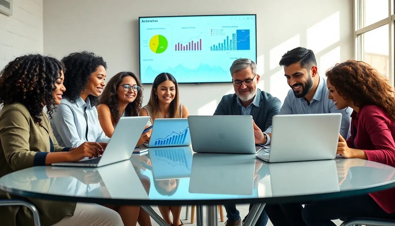 diverse team reviewing digital assessment tools in a modern classroom.