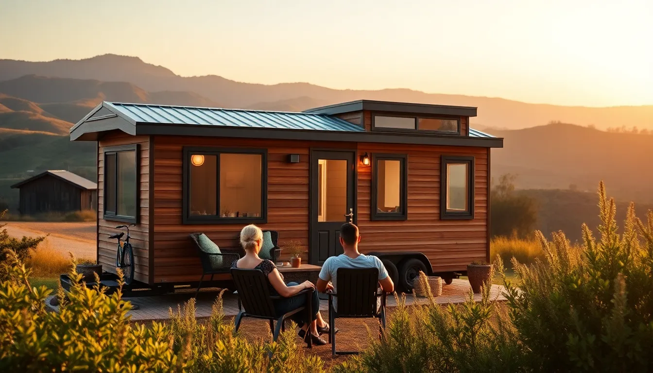 modern tiny home in California with a couple enjoying the outdoors.