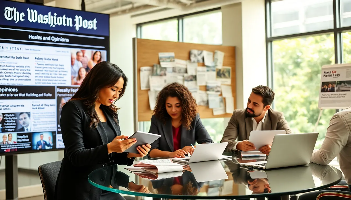 diverse professionals collaborating in a modern newsroom setting.