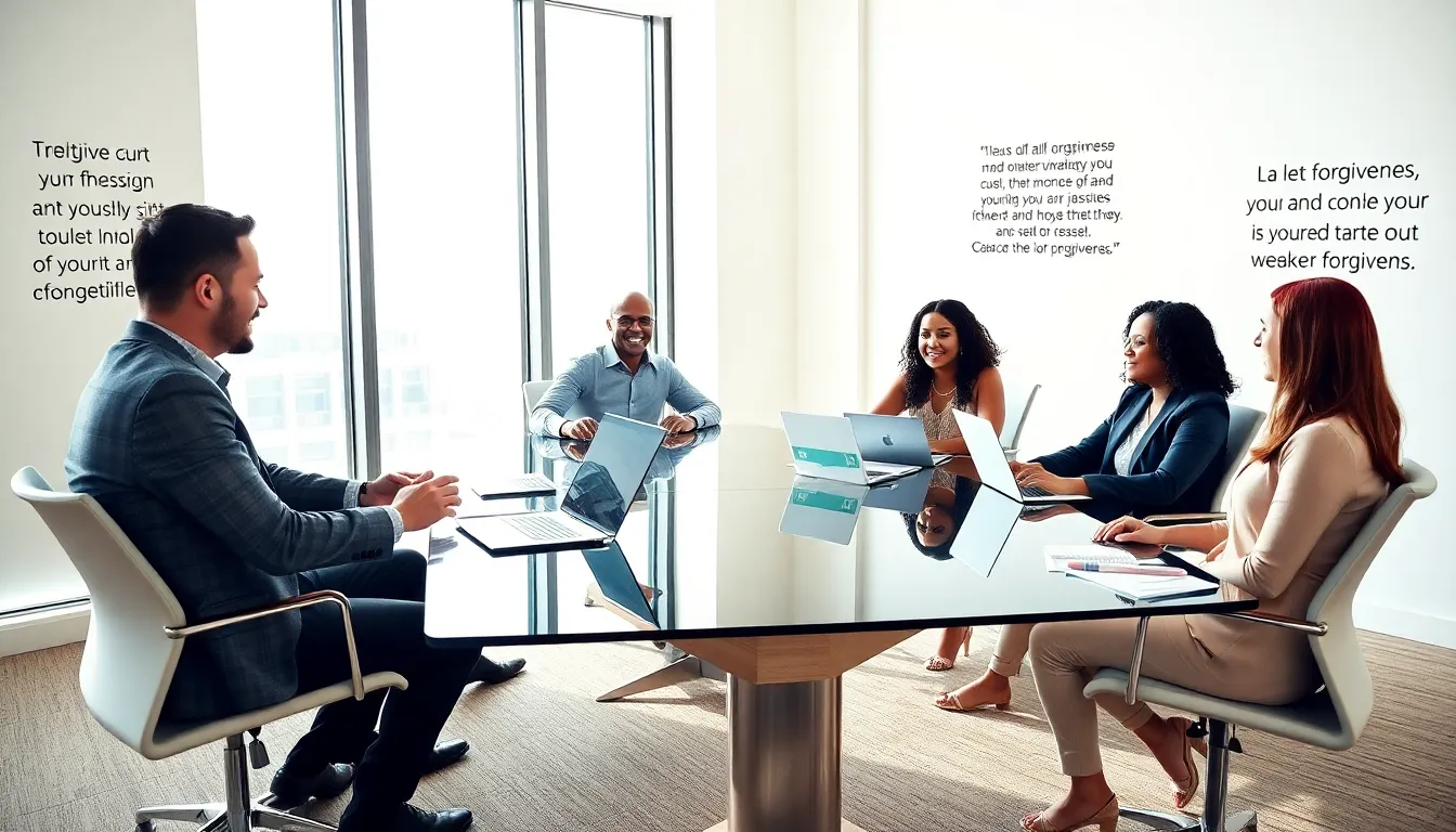 diverse team discussing emotional resilience in a modern conference room.
