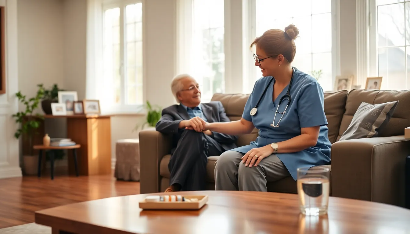 caregiver assisting an elderly individual in a cozy living room.