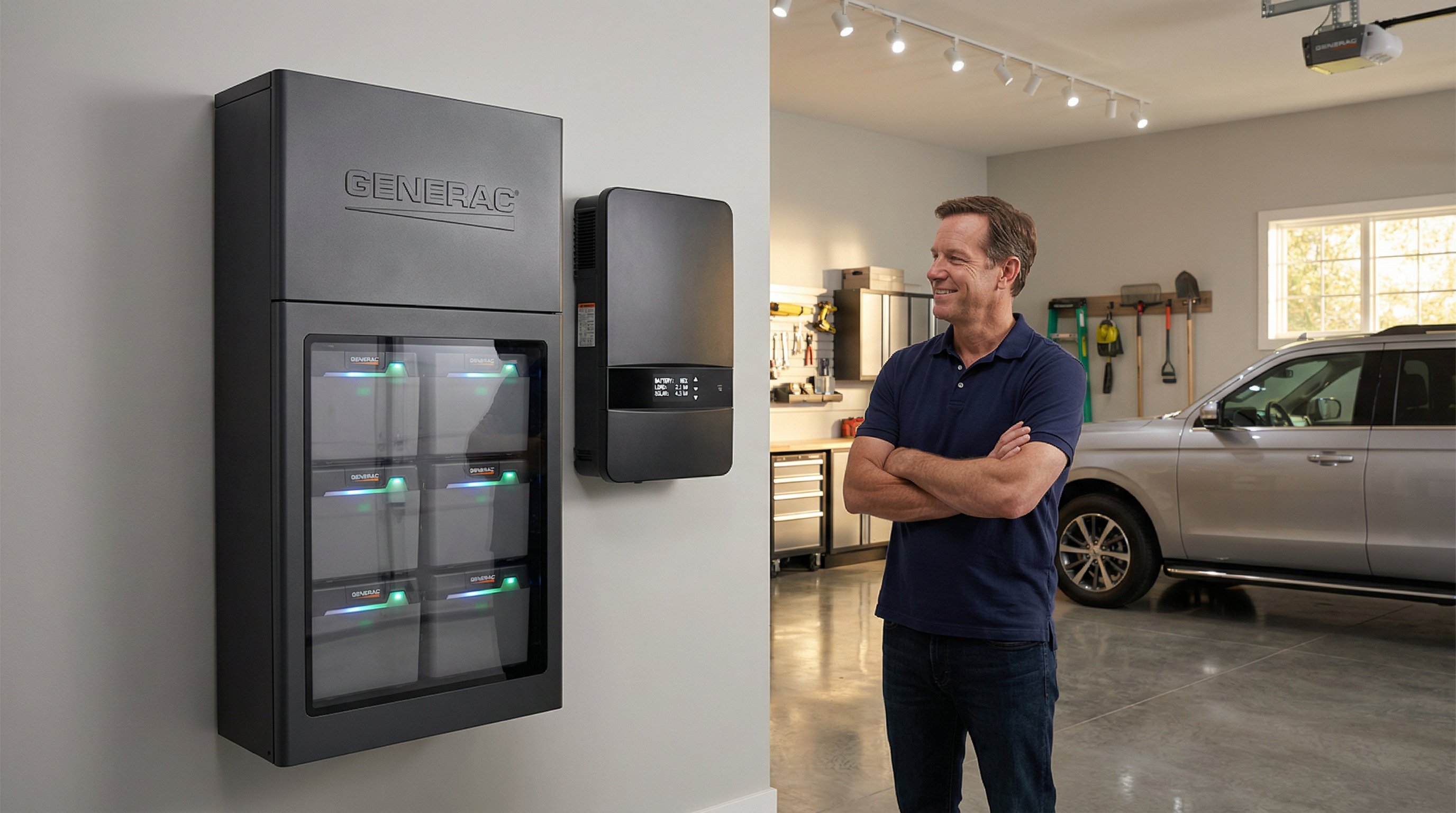 Generac PWRcell battery cabinet with modular units installed in a modern American home garage.