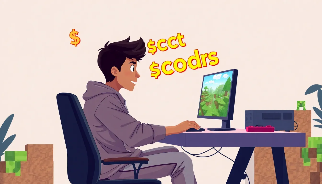 gamer using a computer with Minecraft on the screen and discount codes floating above.