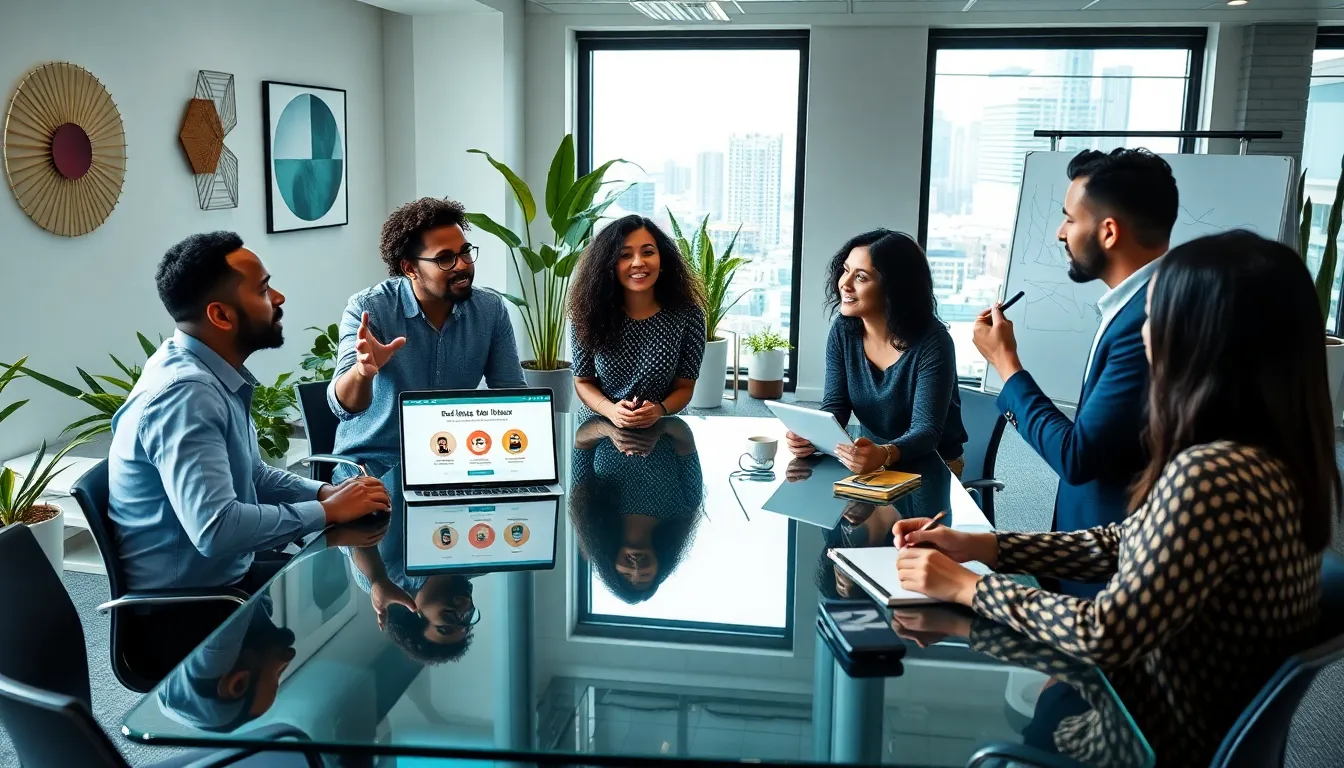diverse team discussing side hustle ideas in a modern office.