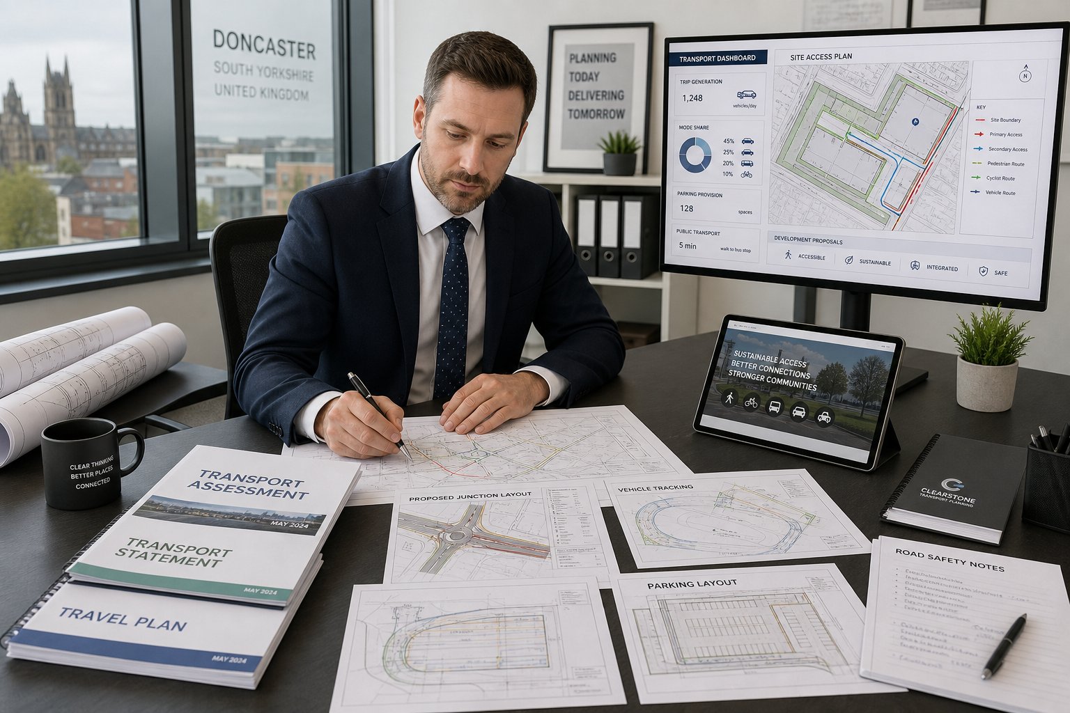Traffic engineer reviewing transport reports and site plans in a modern office.