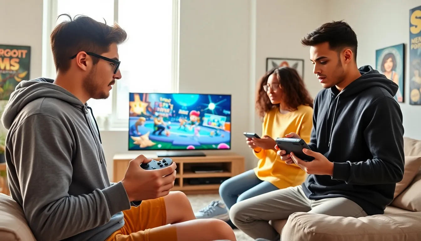 diverse group of gamers playing Nintendo Switch in a modern living room.