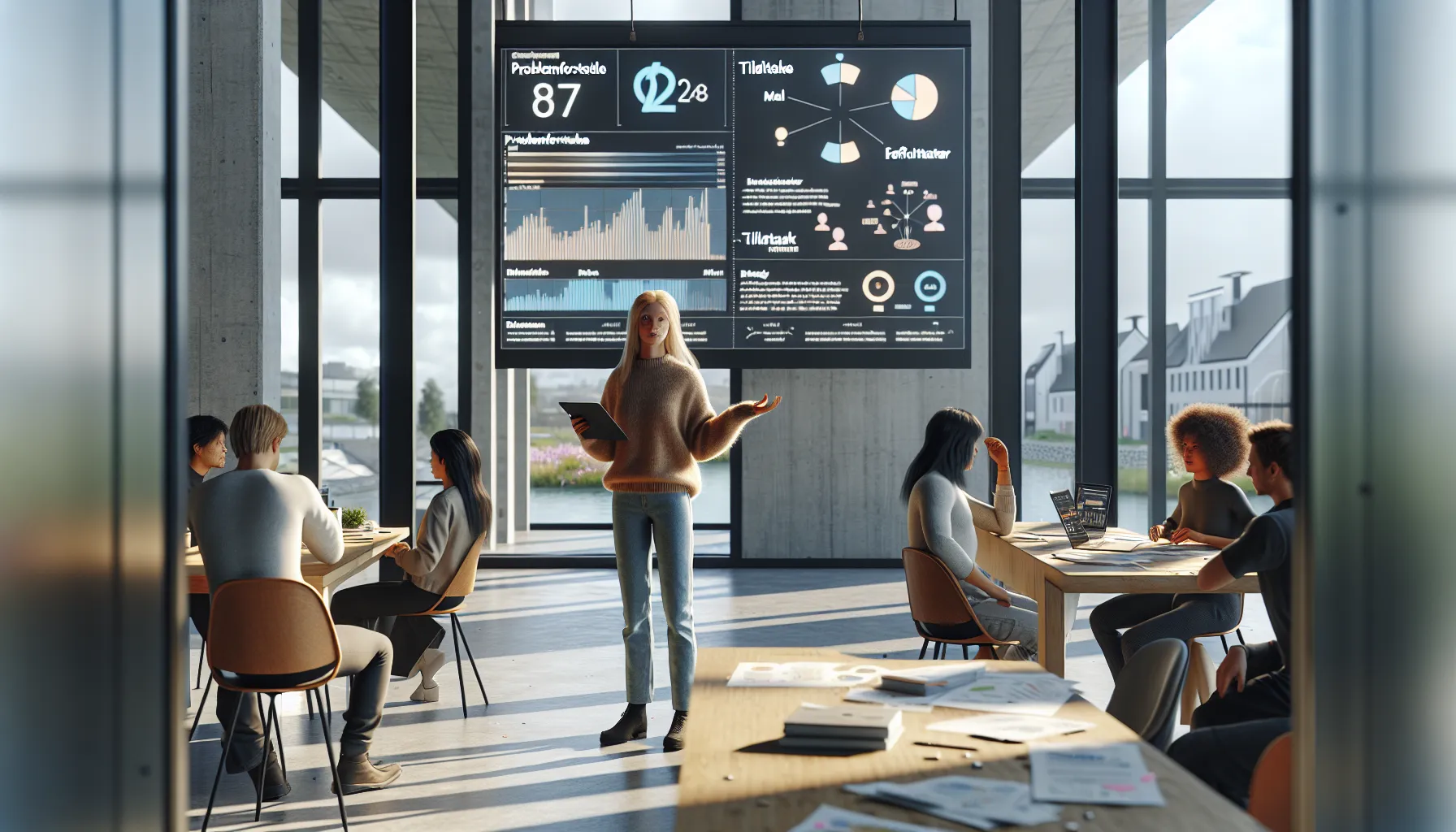 Team in norwegian innovation hub reviewing data and stories to measure social impact.