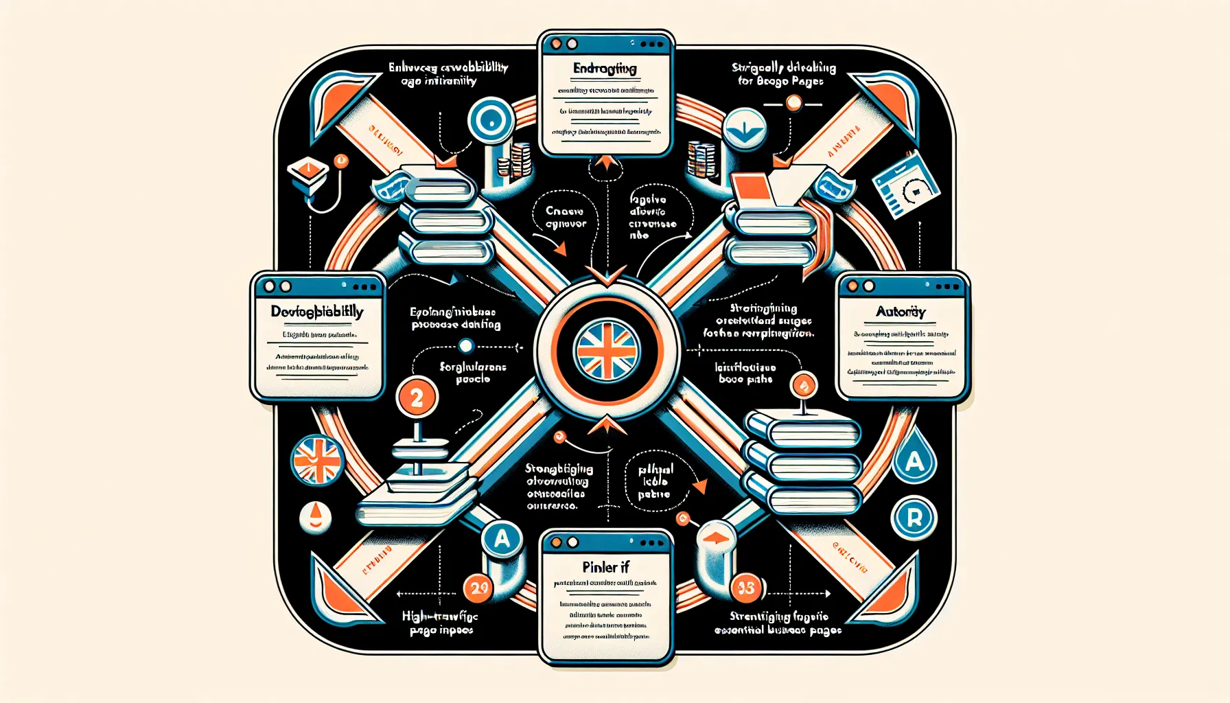Infographic showing internal links improving crawlability, authority flow, and topical clusters.