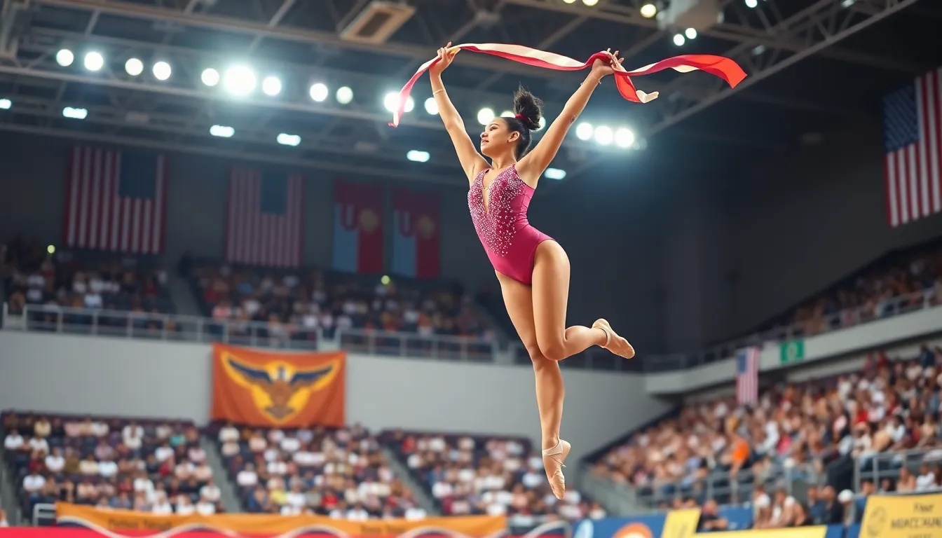 a female rhythmic gymnast performing with a ribbon in a sports arena.