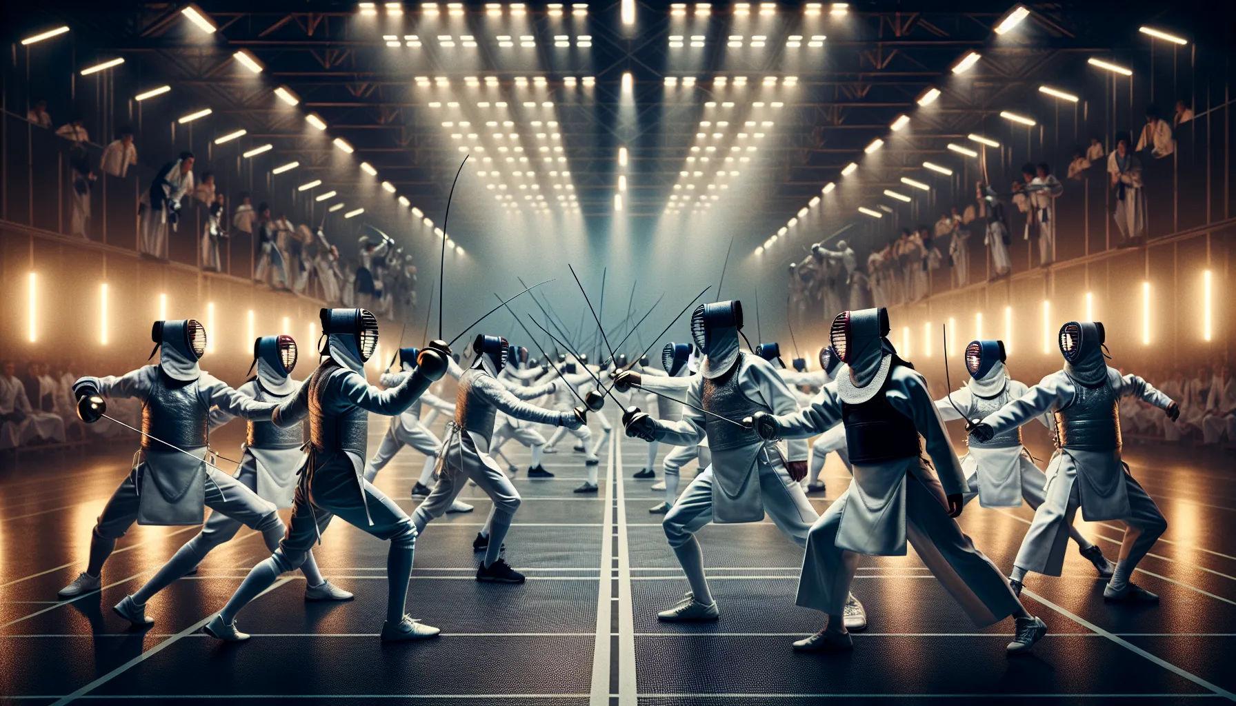 Participants practicing fencing and kendo in a sports hall, showcasing their unique attributes.