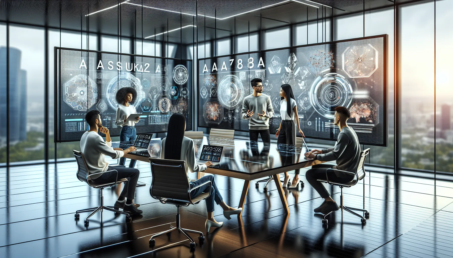 diverse professionals discussing the future of Aaasuka789 in a modern office.